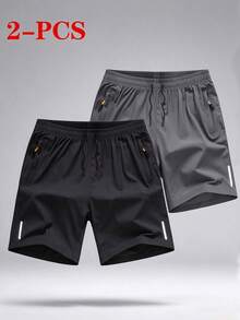 2 PCS Women's Loose Athletic Shorts, Elastic Waist Running Shorts With Zipper Pockets, Casual Summer Gym Workout Shorts - Grey - View 3