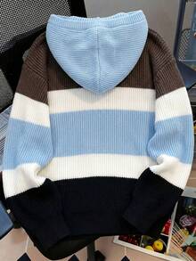 Tween Boys Colorblock Striped Hooded Sweater, Long Sleeve Loose Fit Pullover Knit Hoodie - Multicolor - View 3