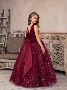 Tween Girl Burgundy Sleeveless Bow Back Deep V Mesh Party Dress Princess Gown, Suitable For Children's Birthday Gift, Banquet, Flower Girl, Wedding, Prom, Party, Important Occasions, Holiday Celebration - Burgundy - View 8