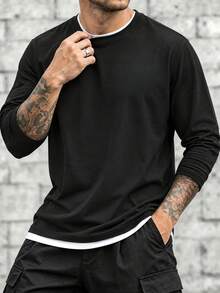 Setelan 2 Potong Pria Musim Semi/Gugur, Model Slim Fit, Bahu Reguler, Leher Bulat, Lengan Panjang, Kaos - Hitam - View 3