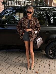 Fashion Women's Leopard Print Woven Baseball Jacket, Long Sleeve Flight Jacket With Pockets And Zipper, Autumn/Winter Outfit Essential - Brown - View 5