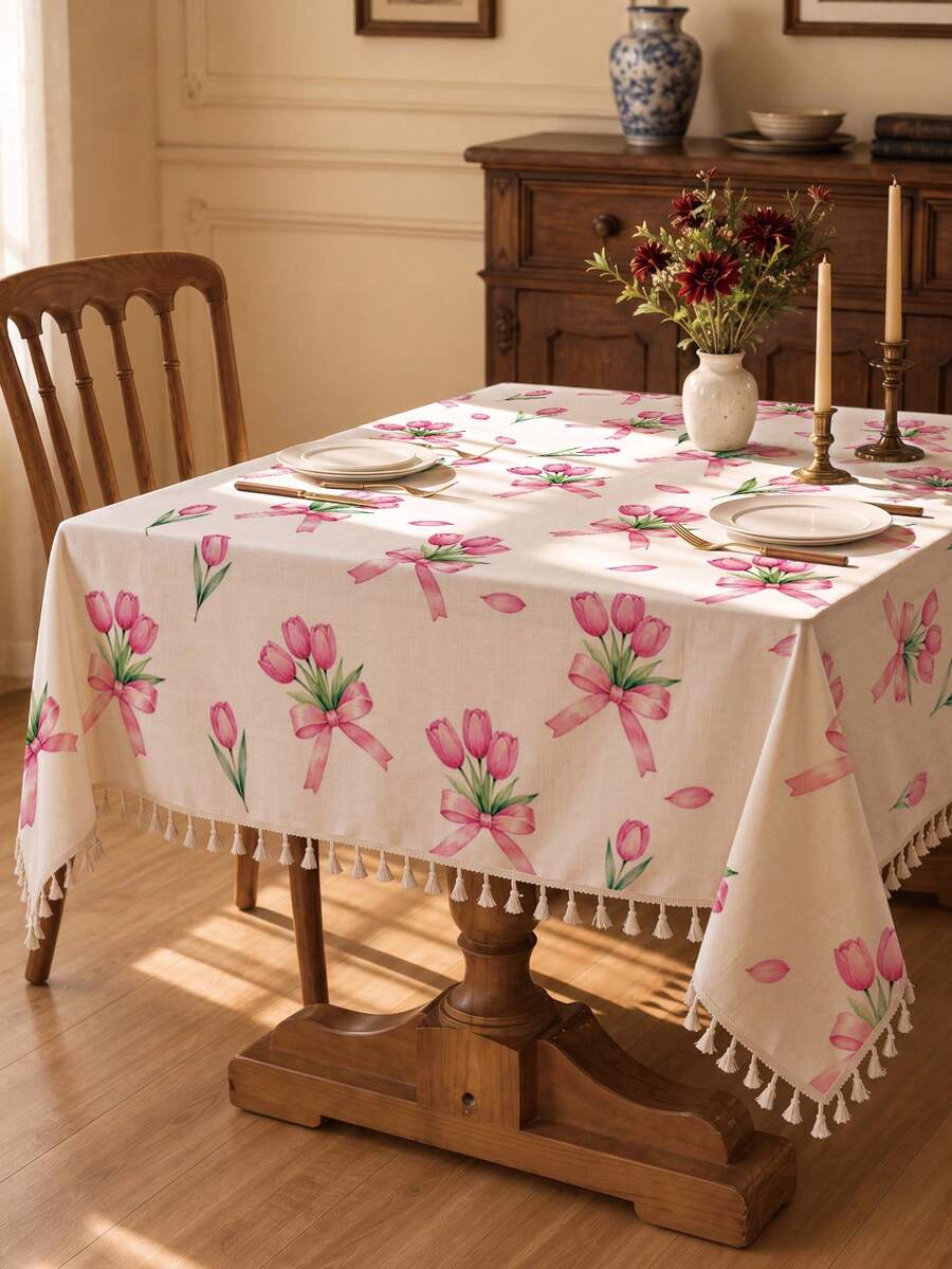 1pc Daily Minimalist Pink Bow Tulip Pattern Polyester Cotton Lace Tablecloth, Stain-Resistant With Tassel Fringe Dining Table Decor Cloth, Suitable For Square And Round Tables, Kitchen, Dining Table, Coffee Table, TV Cabinet, Entryway, Party Holiday Decoration, Home Decor, Family Gathering - Multicolor - View 1