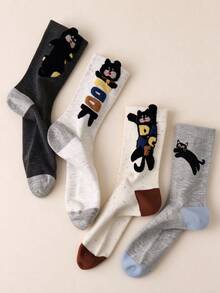 5 Pairs Random Assorted Women's Mid-Calf Socks, All-Season Flocked Cat Cartoon Mid-Calf Socks, Fashionable And Minimalist, Fun And Playful, Soft And Comfortable Fabric, Skin-Friendly And Non-Irritating, Breathable And Non-Stuffy, Suitable For Various Occasions - Multicolor - View 5