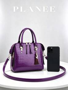 Women's Bright Purple Crocodile-Embossed Glossy PU Top Handle Satchel & Matching Envelope Clutch Set - Crocodile Pattern Mother-baby Bag - View 4
