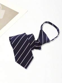 6cm Navy Blue Striped Zipper Tie, Optional Pattern, Men's Pre-Tied Necktie, Business Workwear Student Uniform Formal Tie - Multicolor - View 3