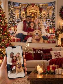 1pc Custom Photo Tapestry Backdrop, Personalized Christmas Family Picture Banner, Polyester Fabric Wall Hanging For Birthday Baby Shower Wedding Party Photography, Holiday Home Decor, Living Room Background, Custom Photo Gift - Multicolor - View 1