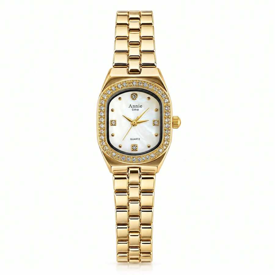Women's Gold Oval Quartz Watch, Light Luxury Pearl Dial With Crystal Bezel & Link Bracelet - White - View 1