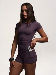 PinkTip Summer Basic Fitness Set, High Waist Summer Clothing Casual And Holiday Essential, Summer Purple Short Sleeve And Purple Shorts Set Sports - Purple - View 2