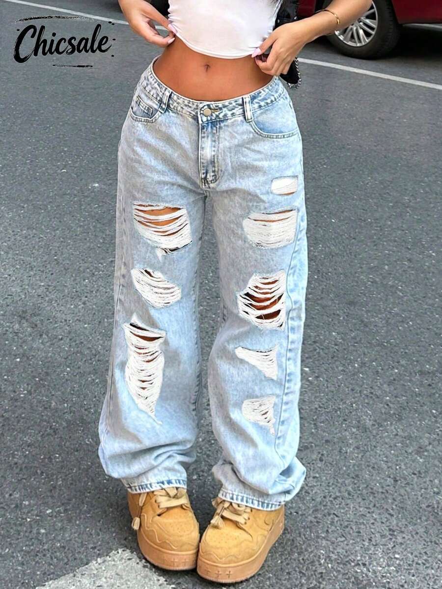 Women Casual Light Color Water-Washed Ripped Straight Leg Denim Jeans For Daily Wear - Light Wash - View 1