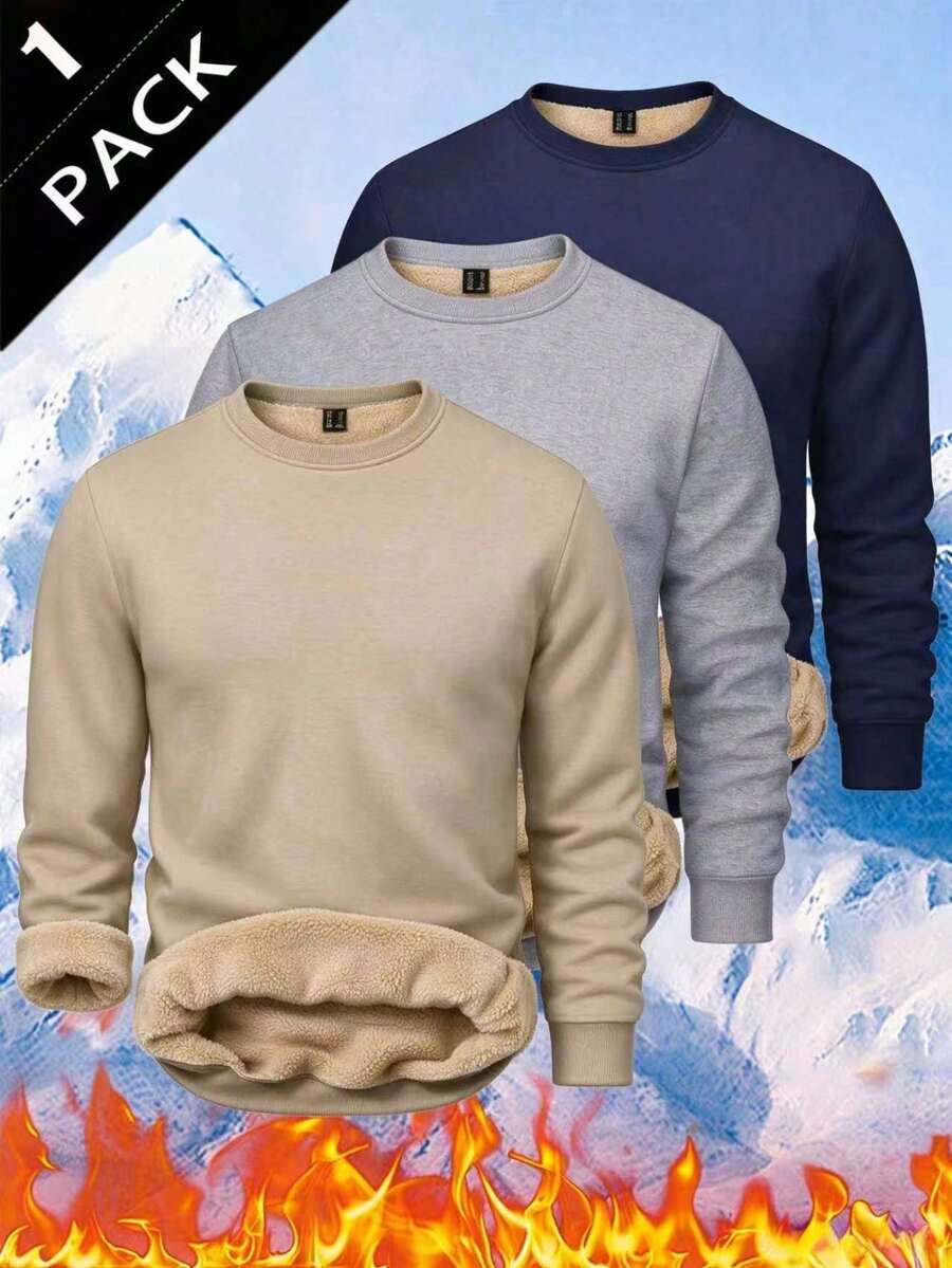 Men's Autumn/Winter Casual Fashion Slim Fit Thermal Lined Thick Warm Crew Neck Sweatshirt - Khaki - View 1