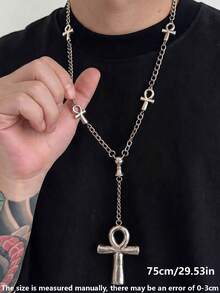 1pc Men's Pendant Necklace, Metal Silver Fashion Retro Style Ankh Cross Pendant Necklace, Suitable For Daily Wear And Party - Silver - View 2