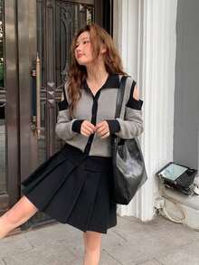 Women's Colorblock Zip-Up Knit Cardigan Sweater Jacket, Autumn/Winter - Grey - View 5