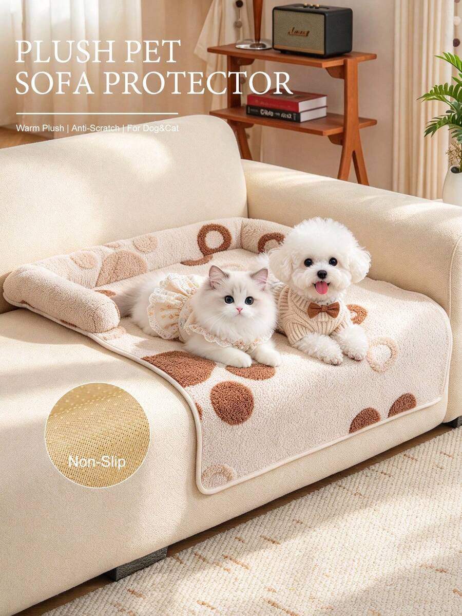 1pc Polka Dot Plush Pet Sofa Protector Pad, Wear-Resistant, Anti-Scratch, Non-Slip, Anti-Shift, Machine Washable, Easy To Clean, Cat And Dog Home Sofa Anti-Stain Protective Pad - Beige - View 1