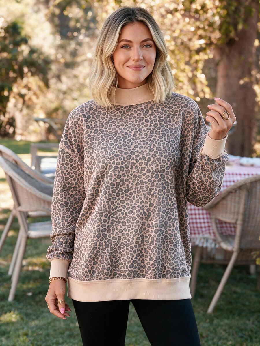 Acelitt Women's Casual Leopard Print High Neck Sweatshirt, Ribbed Trim, Dropped Shoulder Long Sleeve, Suitable For Autumn/Winter Wear Vacation - Multicolor - View 1