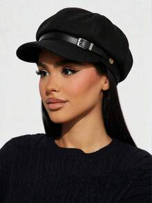1pc Vintage Button Newsboy Cap, Solid Color Beret, Retro Windproof Casual Women's Headwear, Autumn/Winter Daily Street Style - Multicolor - View 6