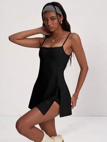 PinkTip Camisole Yoga Dress With Built-In Shorts, Criss-Cross Back Design, Suitable For Gym And Outdoor Sports, Tennis Skirt Logo Version Black Summer Style - Black - View 3