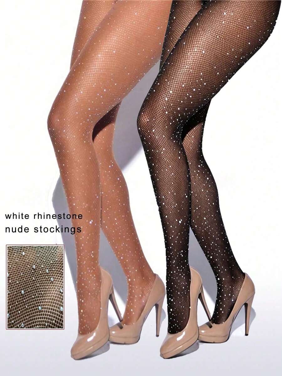 1/2Pairs Women's Fashion Fishnet Rhinestone Tights, Suitable For Matching With Dresses - Multicolor - View 1