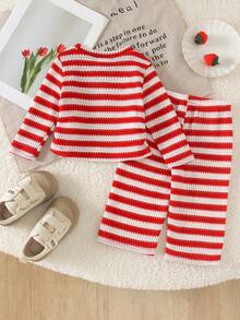 2pcs Baby Girl Cute Mori Style Bright Color 3D Strawberry Waist Bow Knitted Striped Long Sleeve Top & Pants Set, Spring/Autumn New Minimalist - Red and White - View 2