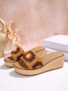 Women Crochet Lace Wedge Slide Sandals, Bohemian Open Toe Platform Slip On Summer Slippers - Orange - View 6