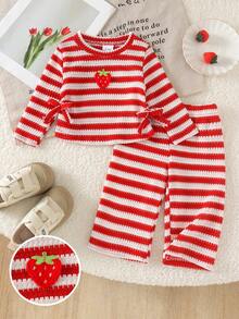 2pcs Baby Girl Cute Mori Style Bright Color 3D Strawberry Waist Bow Knitted Striped Long Sleeve Top & Pants Set, Spring/Autumn New Minimalist - Red and White - View 1