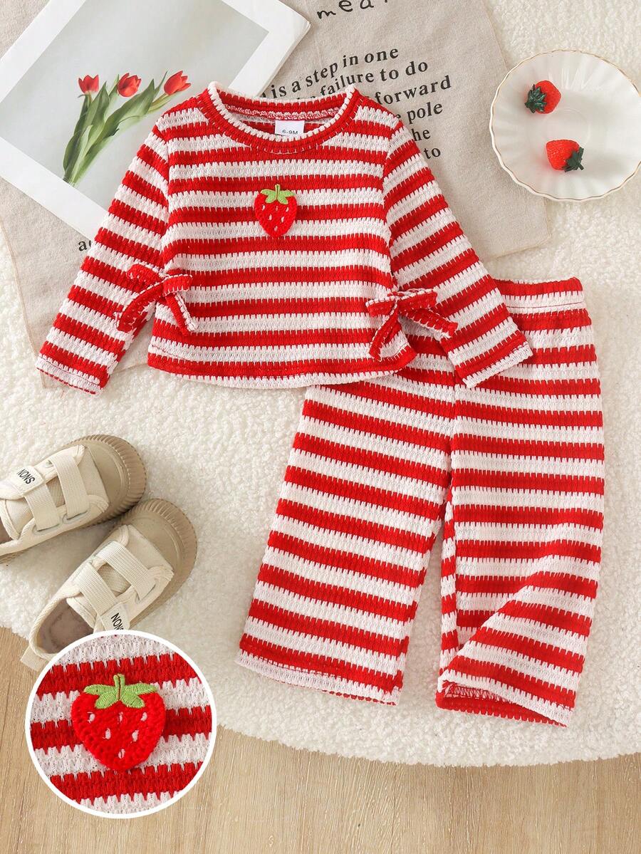 2pcs Baby Girl Cute Mori Style Bright Color 3D Strawberry Waist Bow Knitted Striped Long Sleeve Top & Pants Set, Spring/Autumn New Minimalist - Red and White - View 1