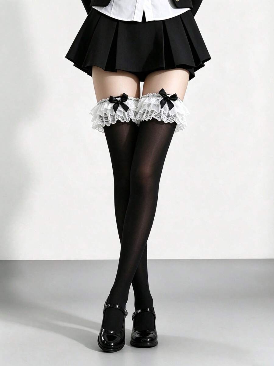 Women's Ruched Lace Bow Over-The-Knee Socks, Sweet Lolita Style Over-The-Knee Socks, Elastic Non-Slip Sheer Socks, Suitable For Cosplay Daily Wear And Parties - Black - View 1
