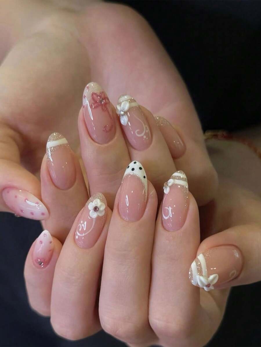 30片長杏仁形法式穿戴甲,3D凝膠花朵美甲,條紋與波點美甲設計,鑲鑽裝飾,壓克力假指甲。套裝包含:1片果凍膠和1片指甲锉。適合女性與女孩日常工作與派對使用 - 彩色 - 查看 1