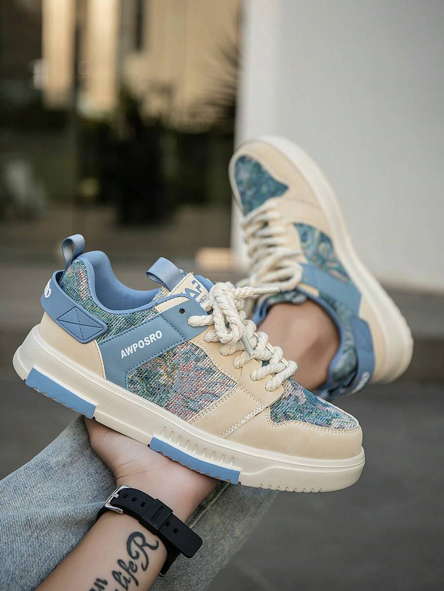 Vintage Thick Rope Lace-Up Men's Casual Sneakers, Niche Color-Block Leather Patchwork Design Gentle Style Men's Shoes