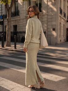 Women Fall Turtleneck Knit Set Long Sleeve Sweater And Maxi Skirt Two Pieces Outfit Soft Knitted Casual Autumn Matching Set For Daily Wear - Khaki - View 2