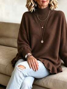 Plus Size Women's Fuzzy Medium Stretch Knit Stand Collar Ruffle Hem Pullover Sweater, Suitable For Autumn/Winter Wear - Brown - View 3