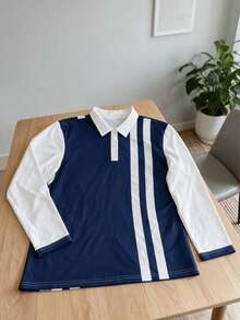Men's Navy & White Contrast Vertical Striped Long Sleeve Polo Shirt, Old Money Style Casual Collared Top - Multicolor - View 4