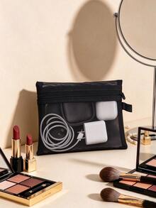 5 Pcs Black Mesh Cosmetic Bag Set, Zipper Makeup Pouch, Portable Semi-Transparent Mesh Storage Organizer Bag For Travel, Cosmetics, Cables And Small Accessories - Black - View 4