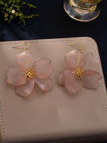 1 Pair Gentle Misty Pink Large Flower Earrings French Vintage Matte Petal Vacation Fairy Style - Pink - View 3