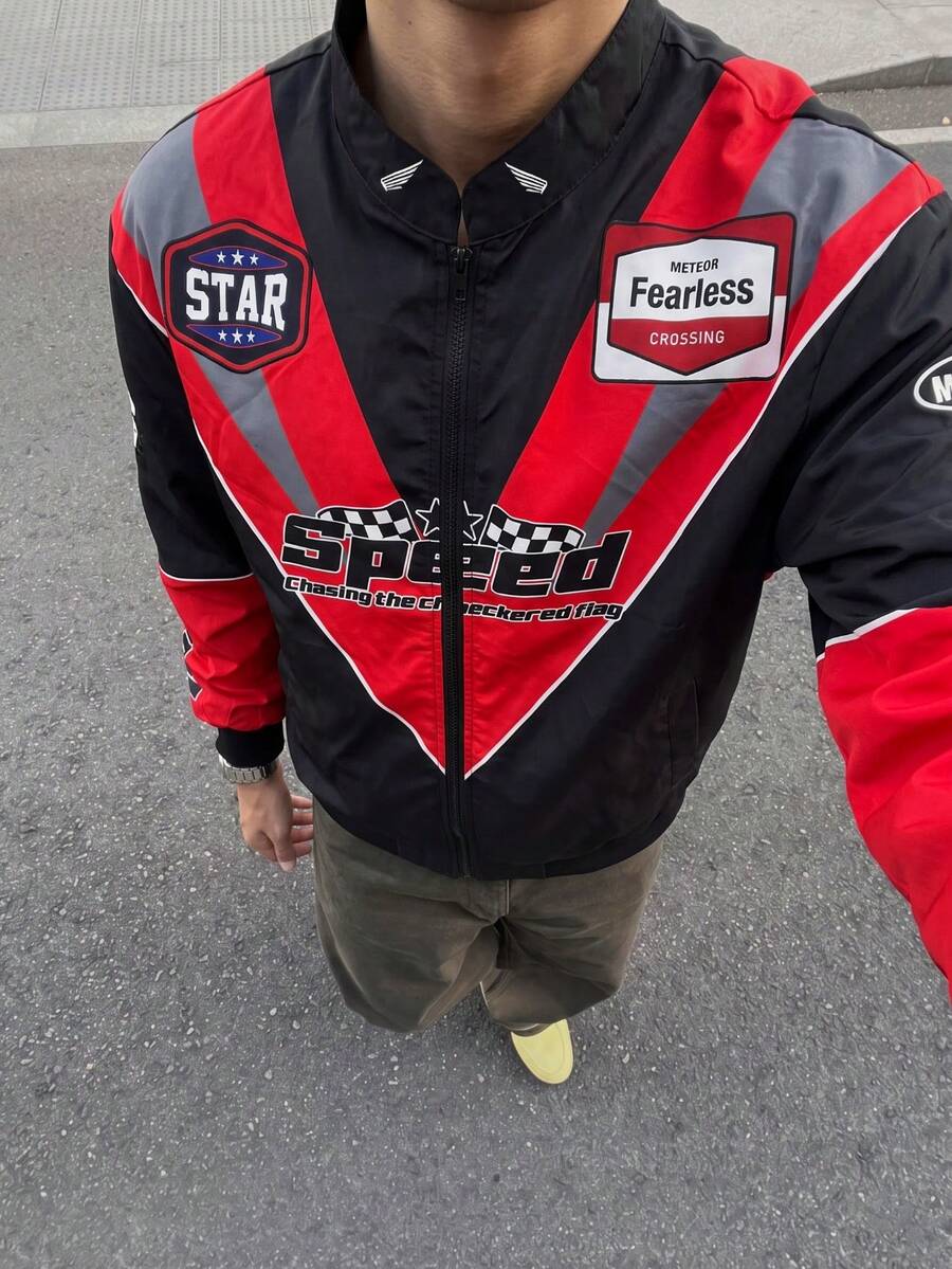 Streetwear Racing Style Colorblock Patchwork Stand Collar Jacket, Multi-Badge Print Zip-Up Motorcycle Jacket For Couples - black red - View 1