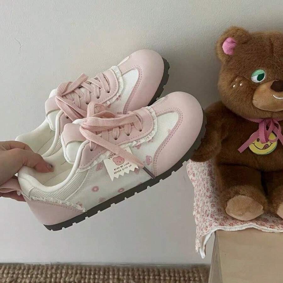 Pink Cute Bear Lace Trim German Training Shoes - Pink - View 1