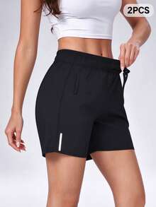 2 PCS Women's Loose Athletic Shorts, Elastic Waist Running Shorts With Zipper Pockets, Casual Summer Gym Workout Shorts - Grey - View 2