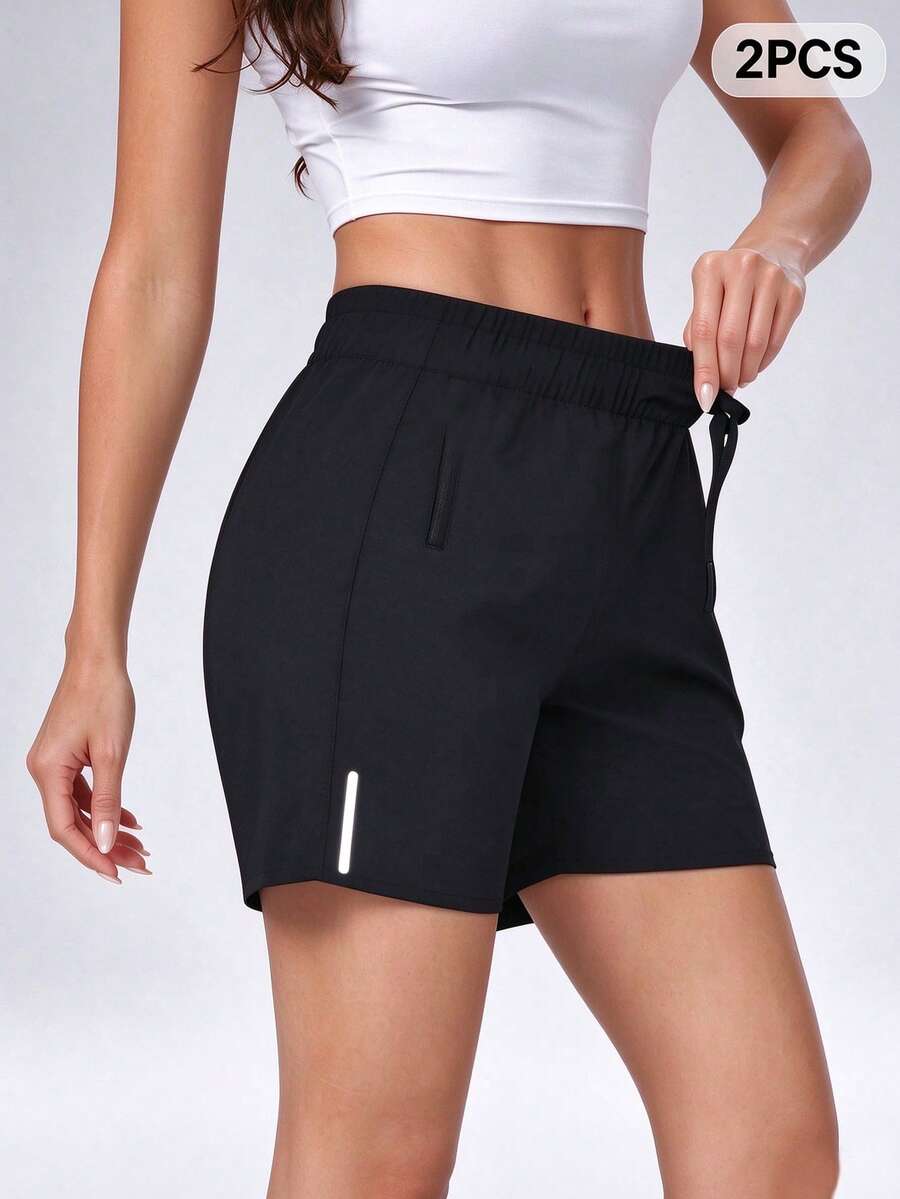 2 PCS Women's Loose Athletic Shorts, Elastic Waist Running Shorts With Zipper Pockets, Casual Summer Gym Workout Shorts