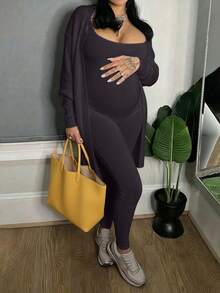 Maternity Jumpsuit Fashion Sporty Comfortable Loungewear - Charcoal Purple - View 3