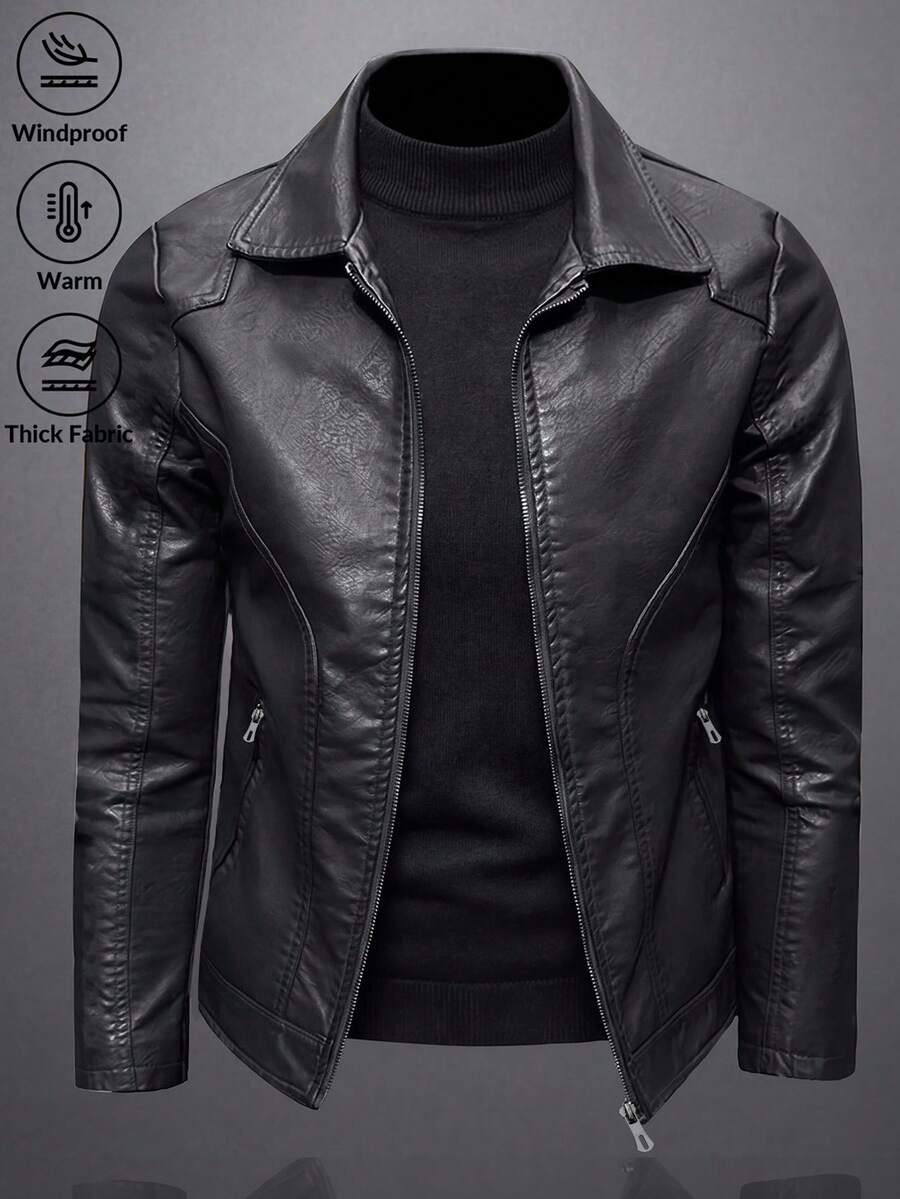 Men's Spring/Autumn PU Leather Jacket, Motorcycle Jacket Top, Zipper Style Leather Coat - Black - View 1