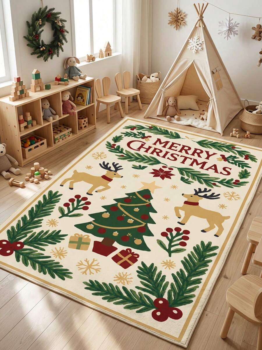 1PC Rice Base Hand-Painted Reindeer Christmas Tree Pattern Decorative Rug, American Vintage Cozy Childlike Faux Cashmere Rectangular Machine Washable Asymmetrical Carpet, Suitable For Christmas/Entryway Bathroom Kitchen Bedside Mat/Winter Holiday Atmosphere Home Decor - Multicolor - View 1