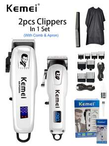 Kemei 2pcs Professional Electric Hair Clipper Set USB Rechargeable Cordless Trimmer KM-PG809A And KM-232 Men's Grooming Home Set White Series - White - View 3