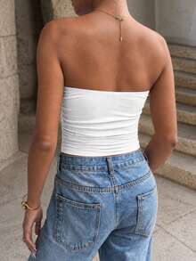 Mystra Summer Solid Color Wrap Chest Backless Ruched U-Shaped Buckle Water Drop Hollow Design Sexy Elegant Fitted Tube Top Casual White - White - View 4