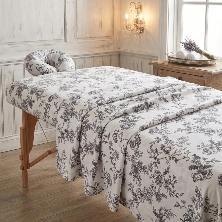 3 PiecesVintage Botanical Print Spa Bedding Set, Smooth Lightweight Beautician Massage Bed Cover - Multicolor - View 1