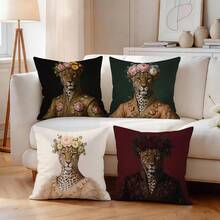 4pcs/1pc Vintage Oil Painting Leopard Floral Crown Dress Pattern Pillow Case, Single-Sided Printed Pillow Case, Suitable For Living Room, Bedroom, Home Decor, All Season Pillow Case - Multicolor - View 7