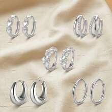 5 Pairs Silvery Hoop Earrings Set, Rhinestone Heart & Flower Decor Huggie Earrings, Minimalist Metal Circle Ear Jewelry For Women Daily Party Gift - Silver - View 1