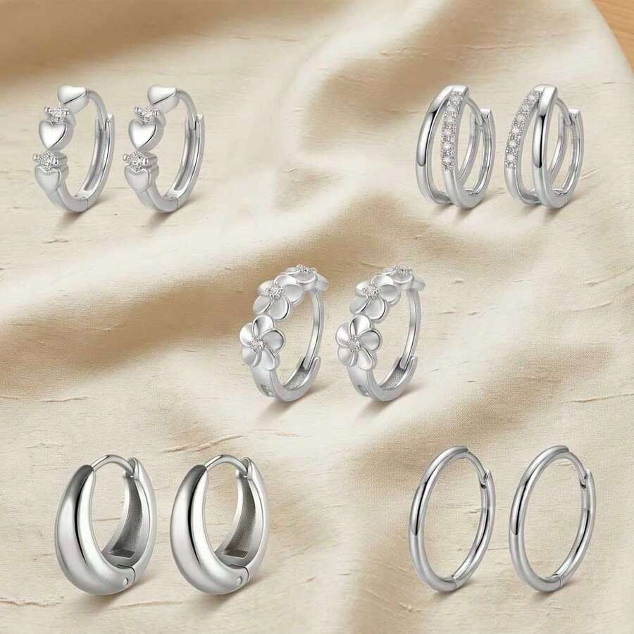 5 Pairs Silvery Hoop Earrings Set, Rhinestone Heart & Flower Decor Huggie Earrings, Minimalist Metal Circle Ear Jewelry For Women Daily Party Gift - Silver - View 1