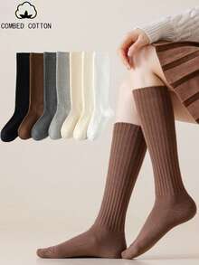 7 Pairs Solid Color Vertical Stripe Combed Cotton Calf Socks, Versatile Slimming Slouch Socks - Multicolor - View 1