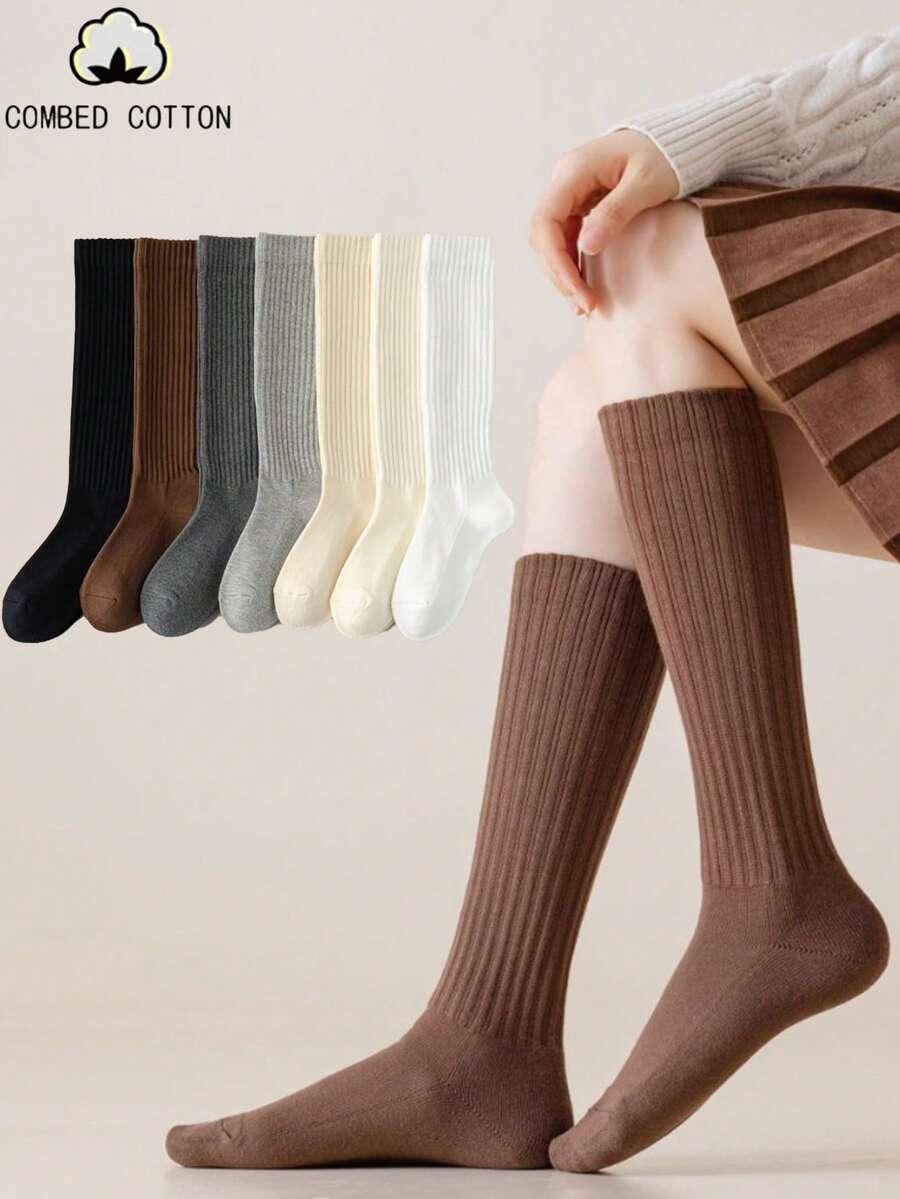 7 Pairs Solid Color Vertical Stripe Combed Cotton Calf Socks, Versatile Slimming Slouch Socks - Multicolor - View 1