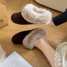 Premium Suede Women's Furry Mule Slippers, Luxurious Fluffy Fur Trim With Delicate Lace, Slip-On Backless Warm Winter House & Outdoor Slides - Dark Green - View 7