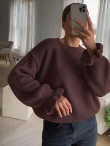 女款棕色荷葉邊袖口長袖復古針織毛衣上衣 寬鬆圓領針織套頭衫 深棕色復古休閒冬季上衣 - 棕色 - 查看 3